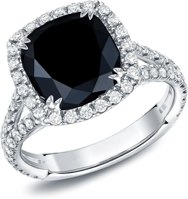 Diamond Wish 18k White Gold Cushion-Cut Halo Black Diamond Engagement Ring (3 1/3cttw, Black, G-H, VS1-VS2) Size 5.5-7.5