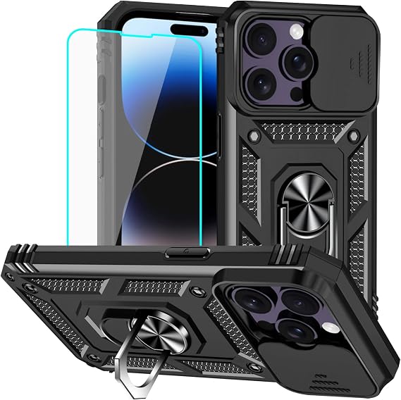 Yiakeng for iPhone 14 Pro Max Case with Screen Protector: [Military Grade 20ft. Drop Tested] Slide Camera Cover Ring Shockproof Protective Phone Case for - iPhone 14 Pro Max (Black)