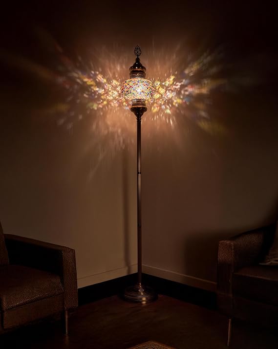 DEMMEX 10" Diameter Largest Mosaic Globe Turkish Floor Lamp, Handmade Moroccan Standing Lamp, Antique Brass Finish, 5.5 ft Tall (Multicolored)
