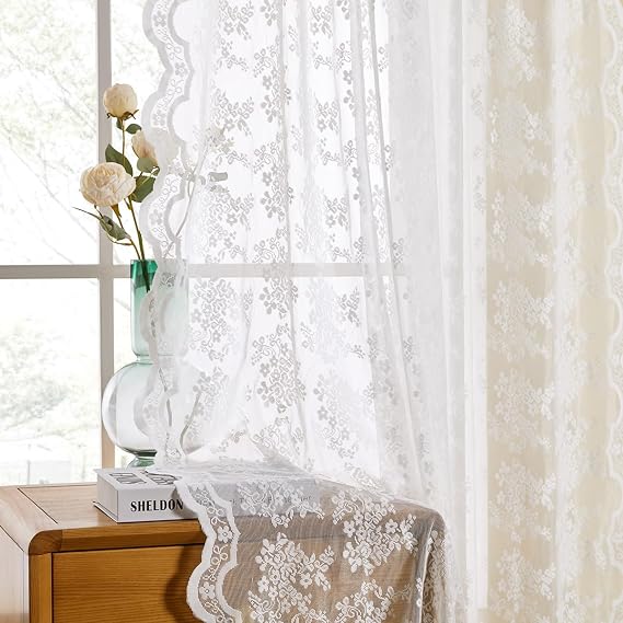 Wracra Rustic Lace Curtains, Romantic Ivory Sheer Curtains 72 Inches Long 2 Panels Set, Elegant Flowers and Branch Sheer Lacy Curtains for Bedroom/Living Room (2 Panels, W52 x L72)