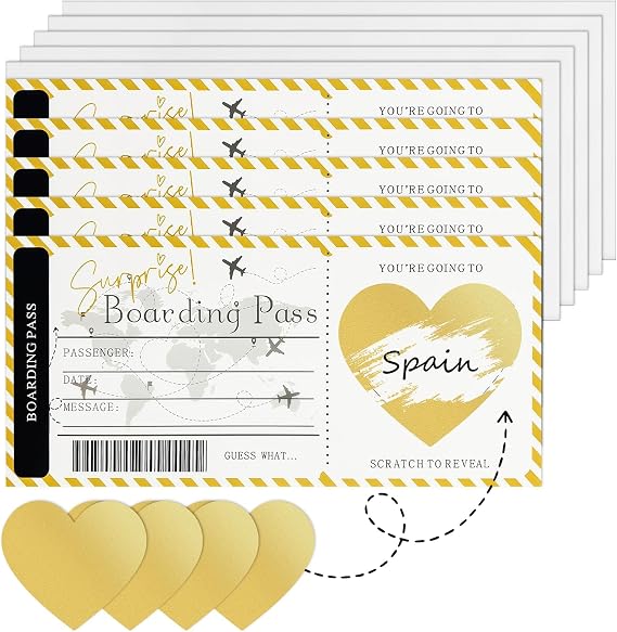 Scratch Card Reveal Boarding Pass – 5 Pack Personalised Holiday Surprise Cards with White Envelopes, Gold Scratch Stickers & Gold Trim Design, Scratch to Reveal Travel Gift for Birthday, Annive