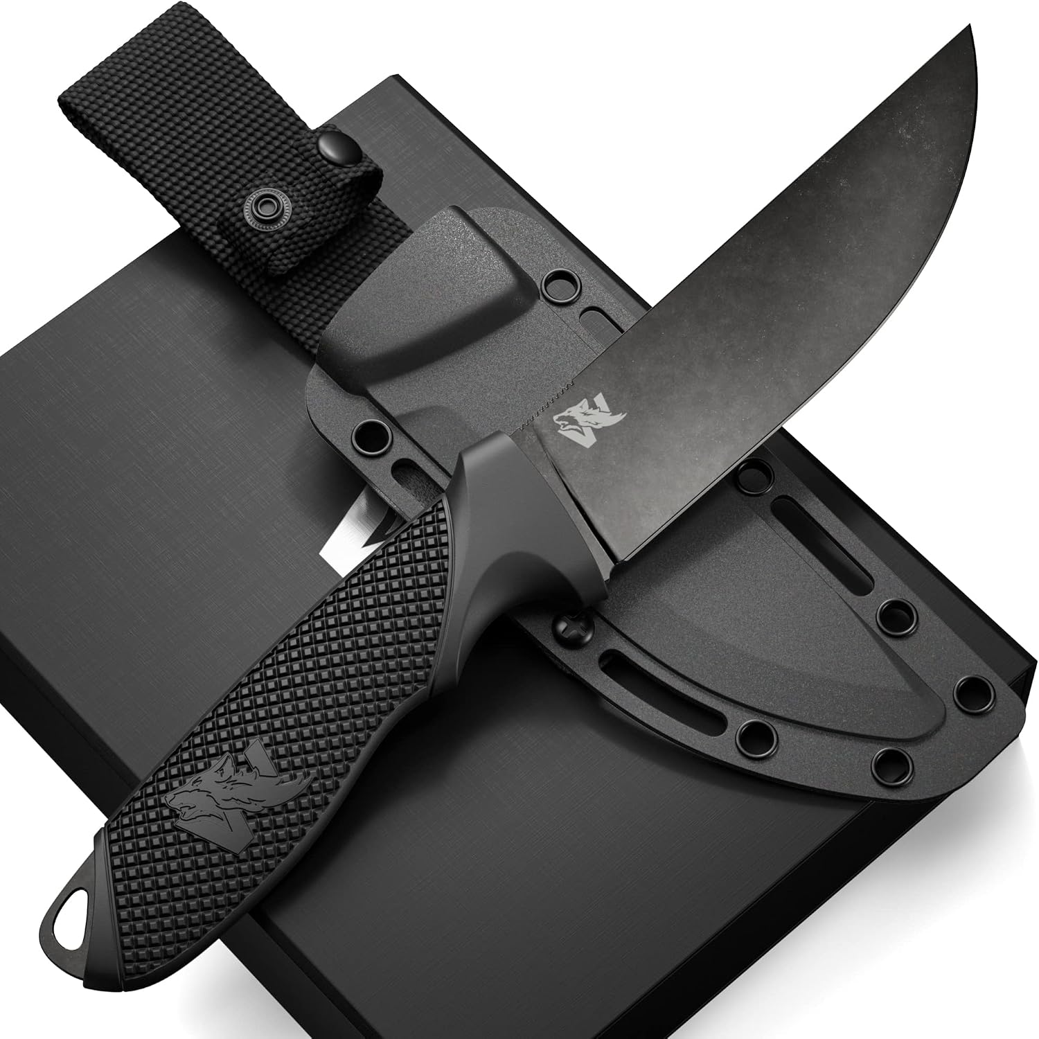 W-FLAT Full Tang Survival Knife with Sheath - Stylish Tactical Fixed Blade Knife - Made of D2 Steel - Bushcraft and Camping Knife Survival - Perfect EDC Hunting Knife with TPE Handle