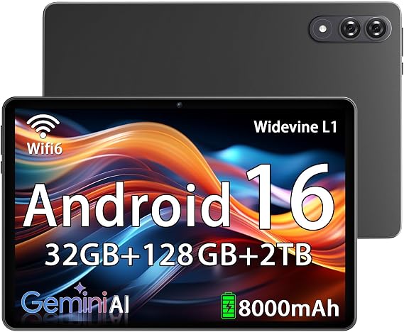 Android 16 Tablet with Gemini AI, 11 Inch Tablets with Octa Core Processor, 32GB RAM 128GB ROM 2TB Expand, 16MP+8MP, 1920x1200 IPS HD Display, Widevine L1, 8000mAh Battery, GPS, Face ID, WiFi 6
