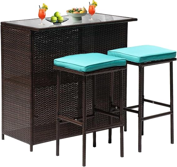 PayLessHere Rattan Bar Set 3Pcs Patio Wicker Bistro Set Sturdy Frame Bar Height Table with Glass Table Top Storage Shelves 2 Bar Stools for Patio Poolside Porch Outdoor Indoor, Khaki (Blue)