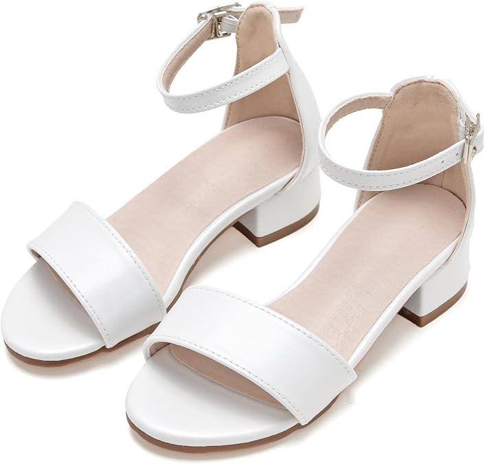 PHIRAMIN Girl Low Heels Sandals - Flower Girl Dress Shoes Open Toe Ankle Strap Wedding Party for Toddler Little Big Kids