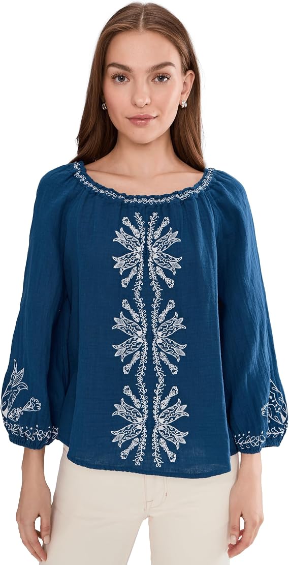 Liverpool Los Angeles 3/4 Sleeve Woven Top with Embroidery