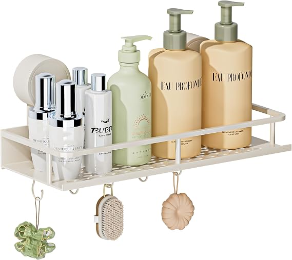 Wisfame Shower Caddy Suction Cup,Drill-Free Rustproof Waterproof Bathroom Wall Shelf with Hooks,Removable Shower Storage Organizer for Shampoo Conditioner Soap - White