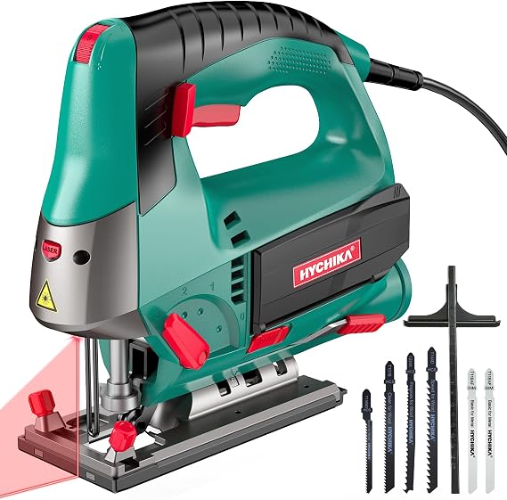 HYCHIKA 6.7A 800W Corded Jig Saw, Jigsaw Tool Power Jig Saws,6Speed Up to 3000 SPM, 4 Orbital Settings, Laser Guide, 45 Bevel Cutting, ToolFree Blade Change, 6 Blades for Wood Metal Plastic