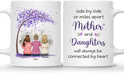 GOSSBY Personalized Custom Mug Mother And 2 Daughters Side by side or miles apart, mother and daughters will always be connected by heart Custom Mug for Mom, Daughter with Female Avatars, Names - Pe