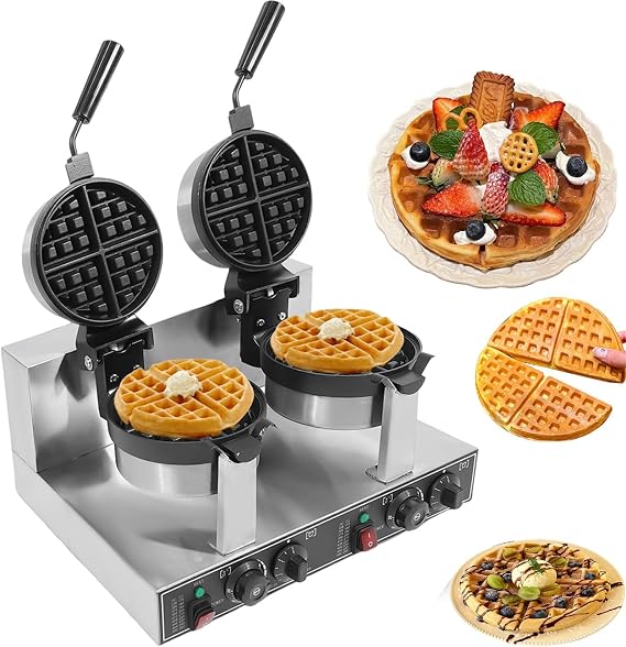 Commercial Waffle Maker, 2400W Stainless Steel Rotating Double Head Waffle Iron Maker Non-Stick Round Belgian Waffle Cake Baker Pan Waring Breakfast Maker for Bakery, Restaurant, Snack Bar