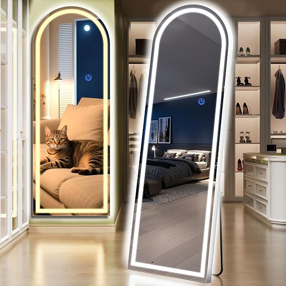 Arch Full Length Standing Mirror with LED Lights, 65"x26" Lighted Mirror with Dimming & 3 Color Lighting, Tall Mirror Full Body for Bedroom, Dressing Room