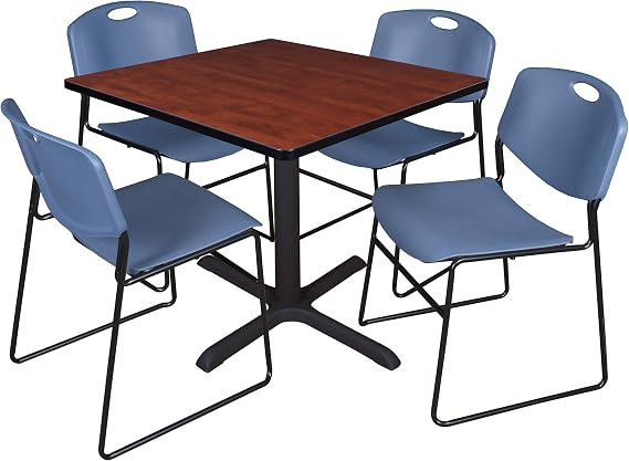 Cain 36" Square Breakroom Table- Cherry & 4 Zeng Stack Chairs- Blue