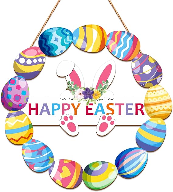 Wooden Easter Wreath for Front Door - Rustic Bunny Egg Door Sign Farmhouse Easter Decorations for Home Wall Indoor Outdoor Spring Decorations Easter Supply