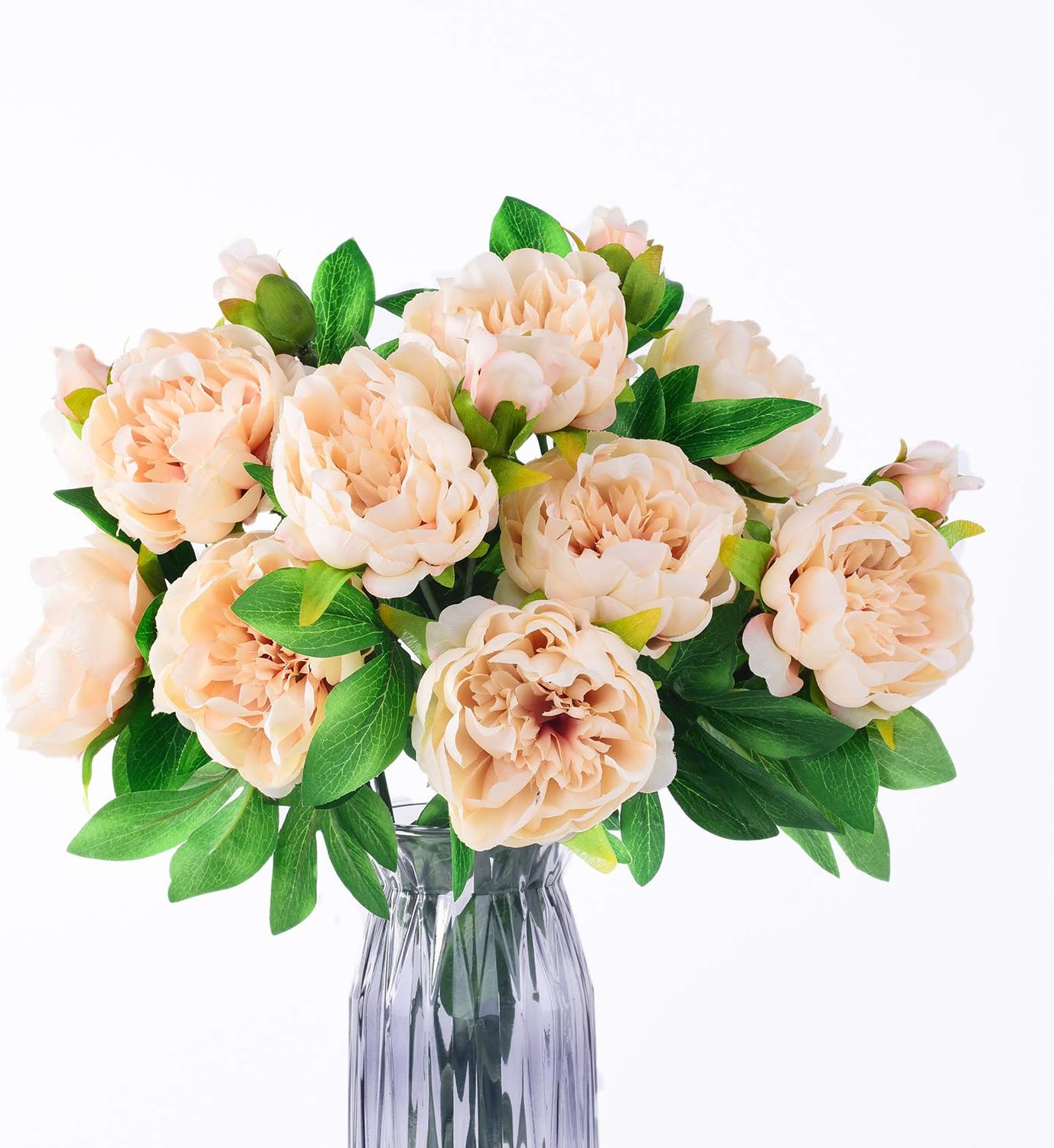 Fake Flower Peony Champagne 3 Bouquet 2 Flower Head 1 Bud Each, Silk Lifelike Artificial Flowers House Wedding Decoration DIY Centerpices Decoration Fake Floral Arrangements