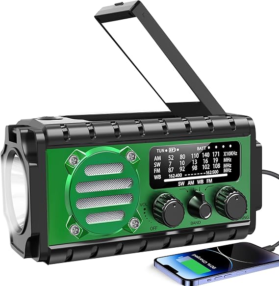 ソーラー式緊急手回しラジオ 20,000mAhバッテリー付き、クリアな受信、AM/FM/SW/NOAA天気放送対応、キャンプ用デュアルモードLED懐中電灯と携帯電話充電器を備えています。