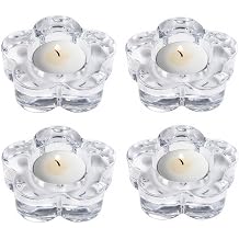 4 Pcs Clear Glass Tealight Candle Holders, Various Shapes, Suitable for 4cm Diameter Tea Lights, Ideal for Home Décor, Weddings, Parties and Table Settings (Plum Blossom)