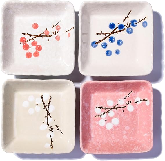 Ceramic Japanese Soy Sauce Dish Set of 4, 3.22 Square Small Sushi Dishes