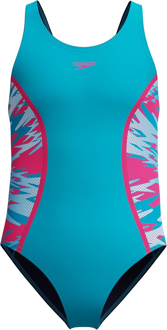 Speedo Girls Hyperboom Splice Muscleback Swimsuit Swimming Costume Mayan Blue/Margarita Pink