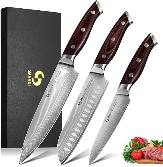 3-Piece Damascus Knife Set Kitchen Knife Set Made of 67 Layers Damascus Steel Pakka wood handle professional damask knife set in gift box - ideal for professional chefs and hobby chefs