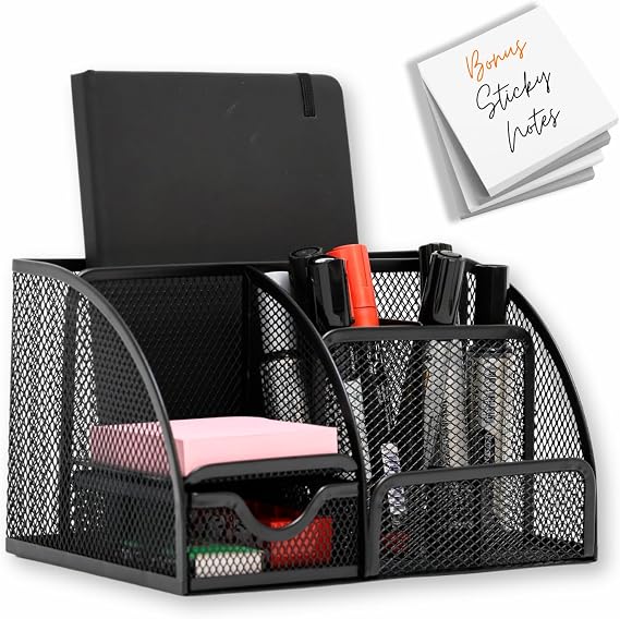 Mesh Desk Organizers with Compartments, 6-Section Desktop Storage Caddy with Drawer for Home, Office, and School, Sticky Notes, Pen & Pencil Holder, Black
