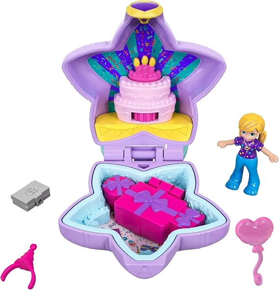 Polly Pocket Tiny Pocket Places Birthday Surprise Party Compact with 2 Reveals, Accessories, Micro Polly Doll & Sticker Sheet; for Ages 4 and Up