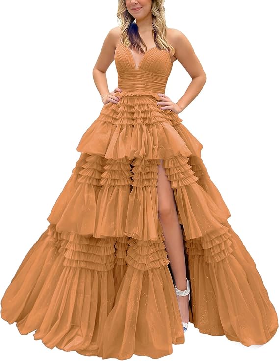 Tiered Glitter Tulle Prom Dresses for Women Ball Gown Long V Neck Spaghetti Straps Formal Evening Party Gown with Slit