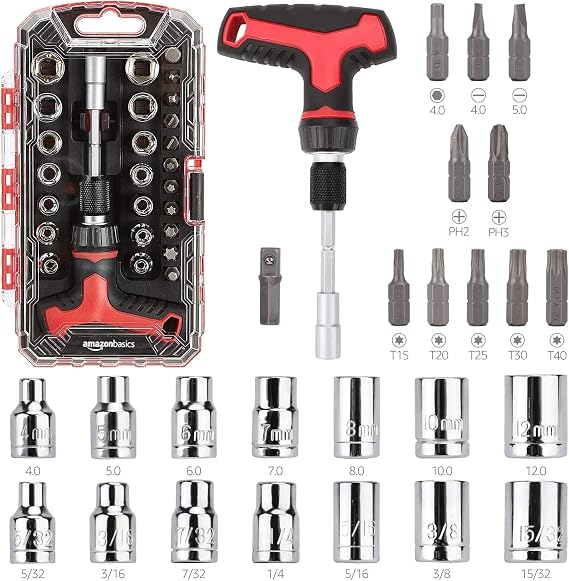 Amazon Basics 27-Piece Ratchet Screwdriver and Socket Set, Light-Duty T-Handle with Magnetic Bit Holder, Cr-V Steel, for Household DIY, Electronics and Appliance Repair, Compact Tool wit Hard Case