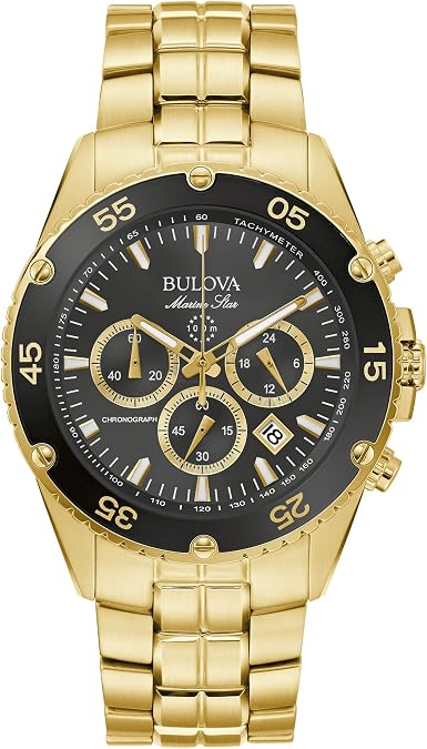 Bulova Men's Marine Star Gold Chronograph Stainless Steel Watch, Black Dial Style: 98B406