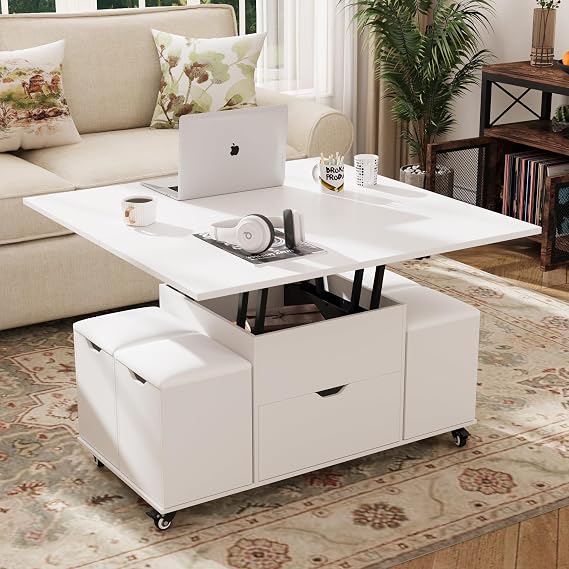 VOWNER Lift Top Coffee Table, 3-in-1 Multifunctional Living Room Table with Drawer & 4 Stools, Convertible Coffee Table into Living Room