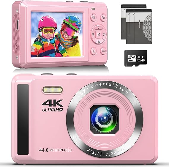 Digital Camera - 4K Digital Cameras for Photography - 44MP UHD Point and Shoot Camera for Kids - Autofocus Small Compact Cameras 16X Zoom - Portable Vlogging Camera with 32GB Card for Teens Girls Boys