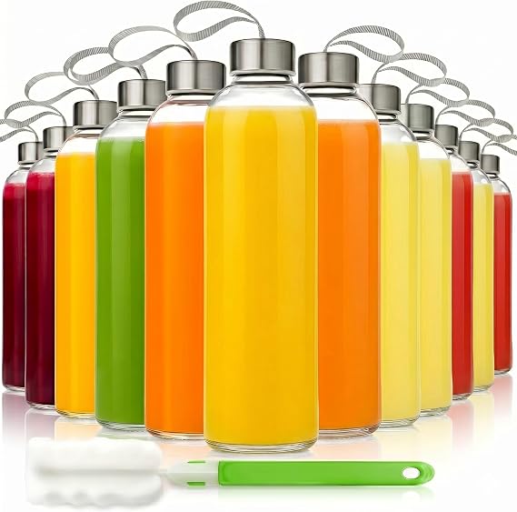UPBUD 12 Pack 18oz Clear Glass Bottles for Juicing with Airtight Caps