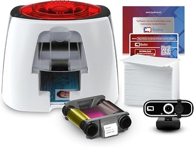 Bodno Badgy100 Color Plastic ID Card Printer with Complete Supplies Package with Photo ID Camera ID Software - Silver Edition