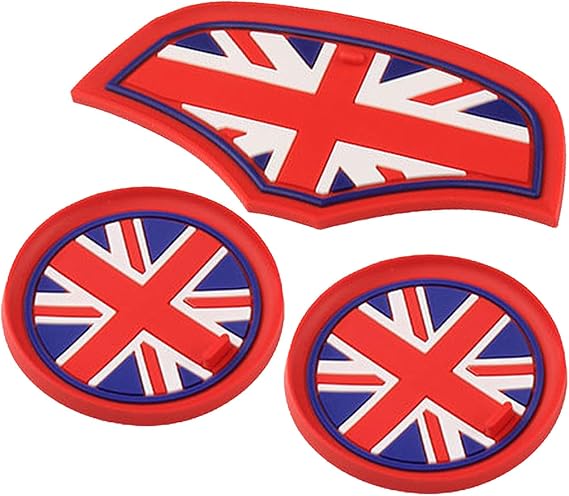 Mini Cooper Accessories, Car Cup Holder Coaster for F55 F56 F60, 3PCS Silicone Anti-Slip Shockproof Insert Coasters with Storage Box, Union Jack Blue UK Flag Design
