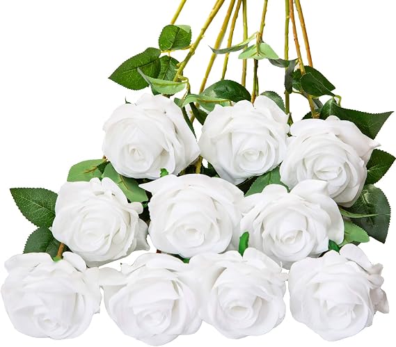 DuHouse 10Pcs Artificial Roses Fake Silk Flowers Realistic Bridal Bouquets with Single Long Plastic Stems for Arrangement Wedding Table Centerpiece Party Home Decor(Pure White)