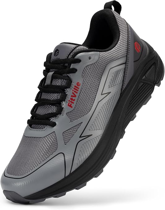 FitVille Men's Extra Wide Trail Running Shoes ArchCore Non-Slip Hiking | Walking Sneakers with Removable & Arch Support Insoles, Wide Toe Box, Cushion EVA Midsole, Heel Stability for Foot Discomfort