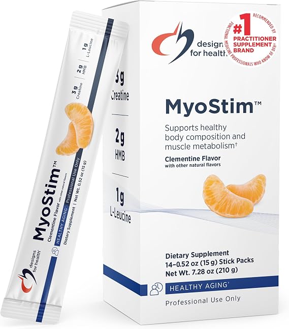 Designs for Health MyoStim - HMB + Collagen Peptides Powder with L-Leucine + Creatine to Support Healthy Aging - May Help Attenuate Age-Related Muscle Loss - Clementine-Flavored Drink (14 Stick Packs) | HMB and Collagen Peptides Powder with L-Leucine and Creatine to Support Aging and May Help Attenuate Age-Related Muscle Loss