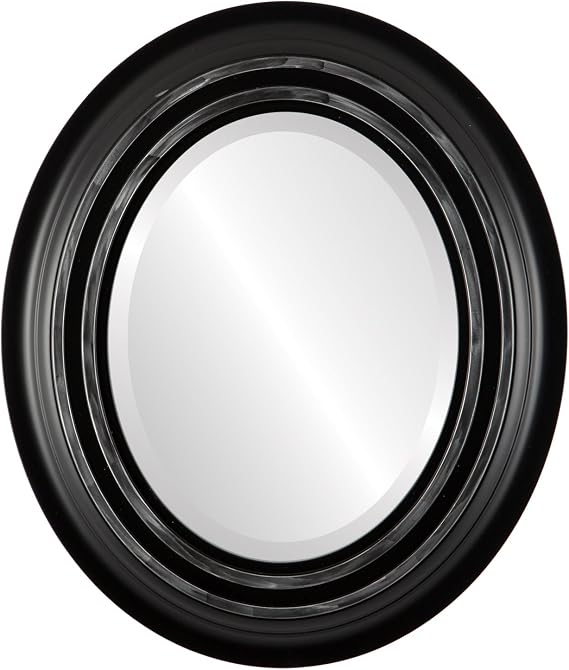 Oval Beveled Wall Mirror for Home Decor - Imperial Style - Matte Black with Silver Leaf - 26x30 Outside Dimensions