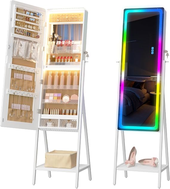 LVSOMT 14 RGB LED Mirror Jewelry Cabinet, Large Jewelry Armoire Standing