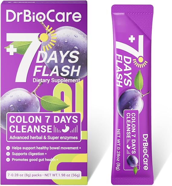 DrBioCare Colon 7 Days Cleanse, 7 Days Flash, Colon Cleanse, Detox & Digestive Support, Prune Flavor - 7 Packs