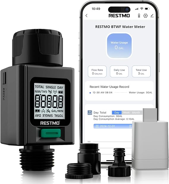 RESTMO Smart Water Flow Meter, Bluetooth and WiFi-enabled Garden Hose Meter