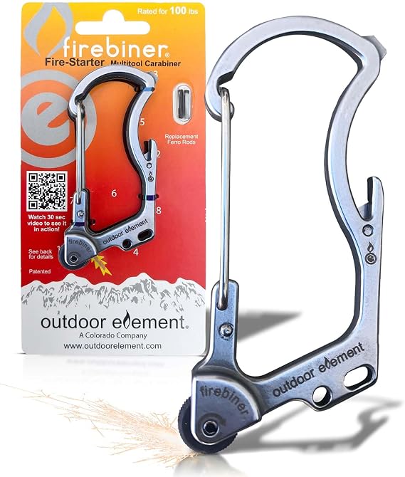 OUTDOOR ELEMENT Firebiner 6-in-1 Fire-Starting Carabiner EDC Emergency Multitool -Keychain,Utility Blade,Bottle Opener,& More