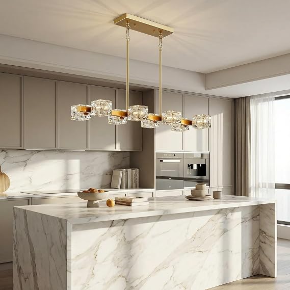 31.5" Gold Rectangular Chandelier, 8-light Modern Crystal Linear Pendant Light, Stylish Ceiling Light Fixture For Dining Room, Kitchen Island, Living Room, Bedroom And Home Lighting Decoration