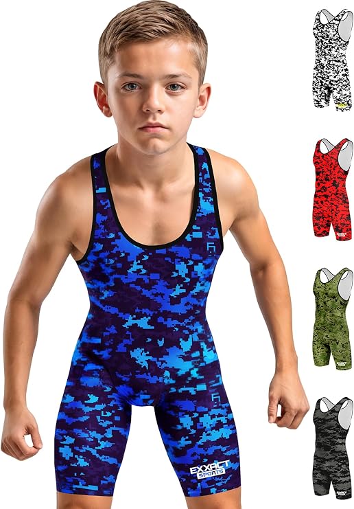 Exxact Sports Digital Camo Wrestling Singlet for MMA Powerlifting Singlet Youth Wrestling Singlet for Training, Blue Camo, Youth Large