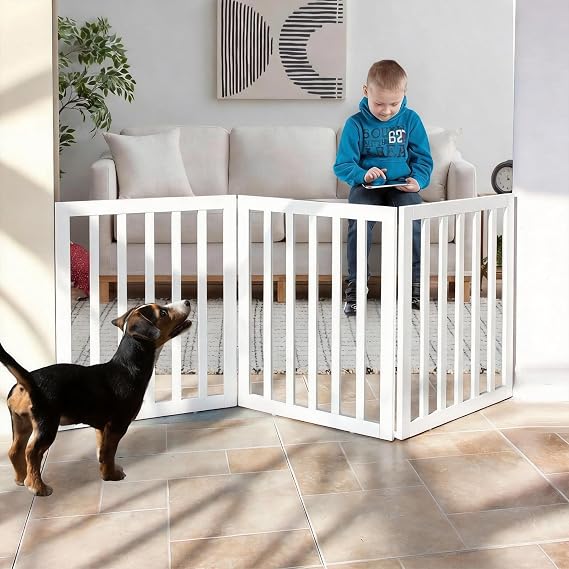 Freestanding Indoor Dog Fence for The House, Doorways, Hallways,or Stairs, Foldable Wooden White Dog Gate,Expandable Pet Gate 24" Height 3 Panels