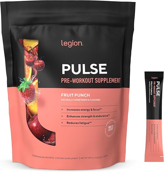 LEGION Pulse Pre Workout Supplement Packets - All Natural Nitric Oxide Preworkout Drink to Boost Energy, Creatine Free, Naturally Sweetened, Beta Alanine, Citrulline, Alpha GPC (Fruit Punch)