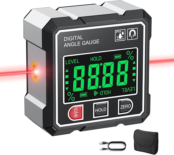 AUTOUTLET Digital Level with Laser, 4-Side Magnetic Digital Angle Gauge, Rechargeable Angle Finder with Backlight Display, 0.1 Accuracy, Smart Measurement Functions for Tile, Picture Hanging
