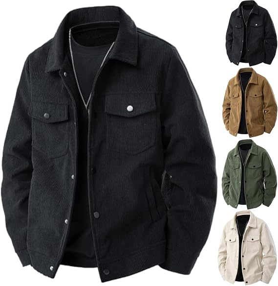 Men Corduroy Button Down Shirt Jacket, Corduroy Sport Coat Men Casual Lapel Long Sleeve Cargo Jacket with Pockets