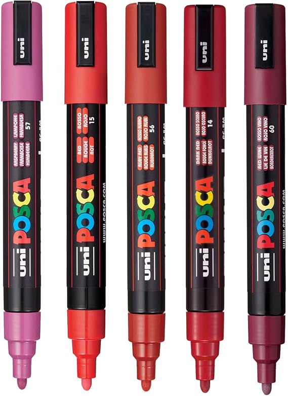 posca Paint Art Markers, Set of 5 5M Medium Markers with Reversible Tips, Red Collection