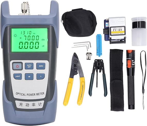 FTTH Assembly Optical Fiber Termination Tool Kit, 15pcs Fiber Optic Termination Tool Kit with Cleaver Optical Power Meter, Cable Cutter Stripper, Meter Connector, Wide Testing