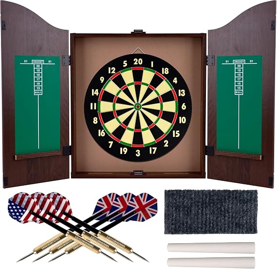 Bristle Dartboard Cabinet Set Dartgame Center with Self-Healing Sisal/Double-Sided Dartboard, 18" Professional Dart Board Set with 6 Tip Darts, Classic Dartboard with Cabinet